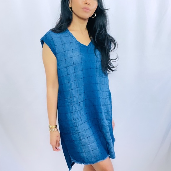 Anthro Cloth & Stone | Blue 100% Cotton Sleeveless Cross Stitch Sheath Dress - Picture 8 of 11